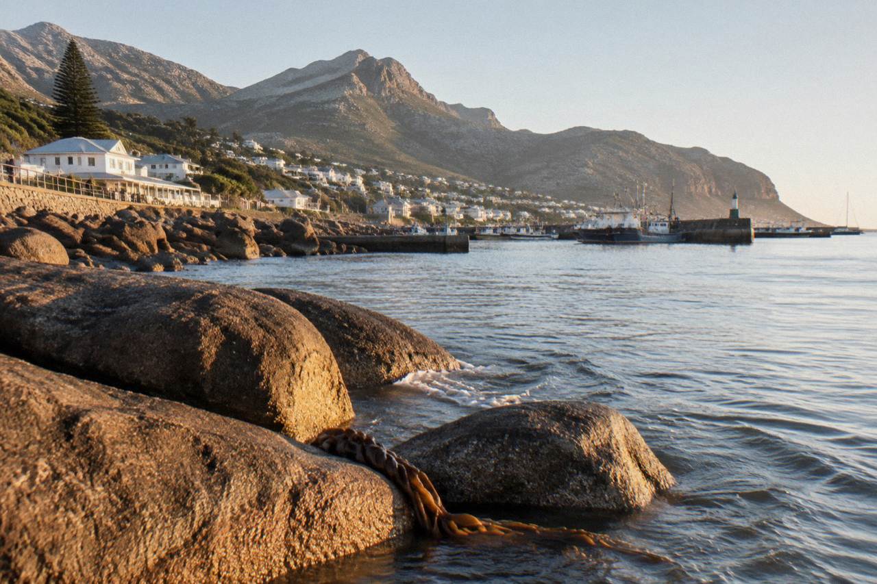 Calm Atlantic swell rolling toward a rocky Cape Peninsula shoreline under a wide sky