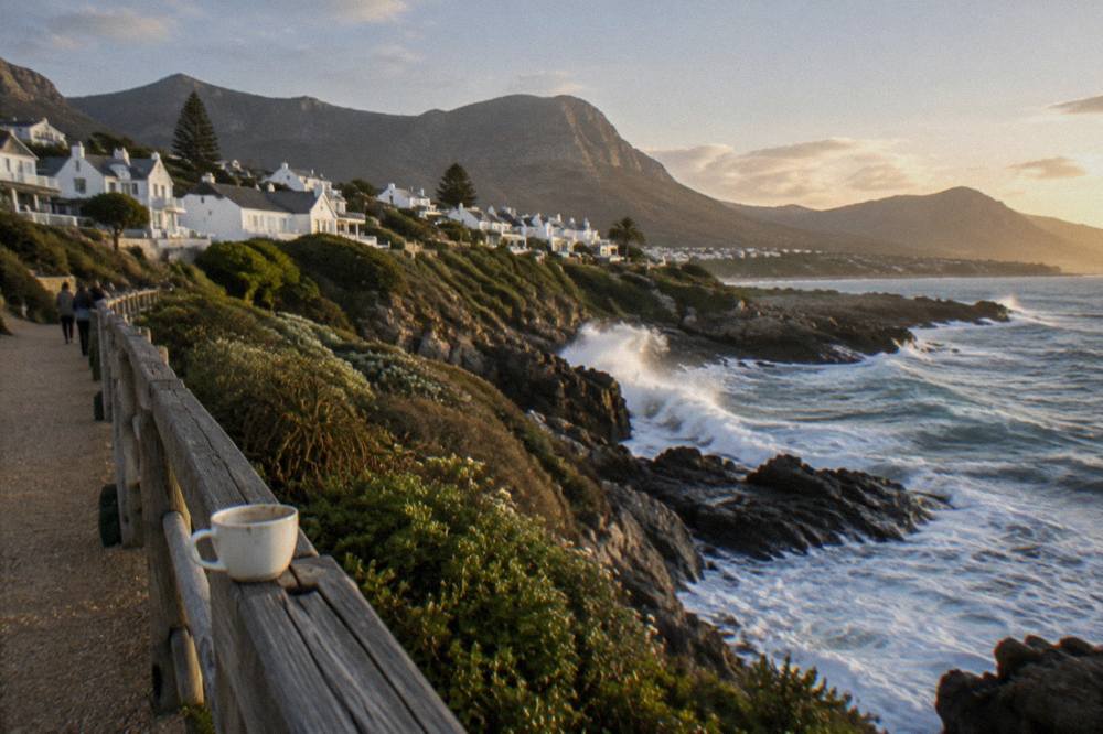 Waves breaking below a coastal walking path with the town behind