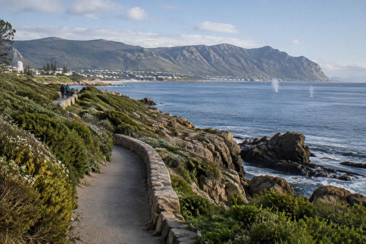 Coastal cliff path overlooking a calm bay with distant whale spouts