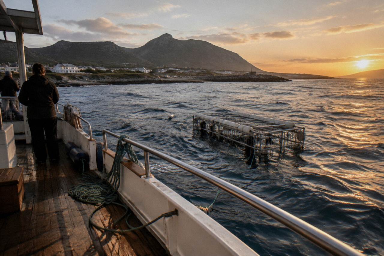A shark cage floating beside a dive boat in open water near Gansbaai