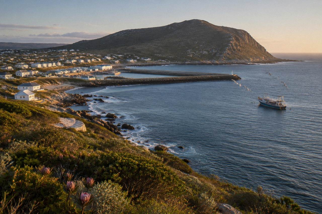A volcanic island rising from open blue ocean with a dive boat anchored offshore