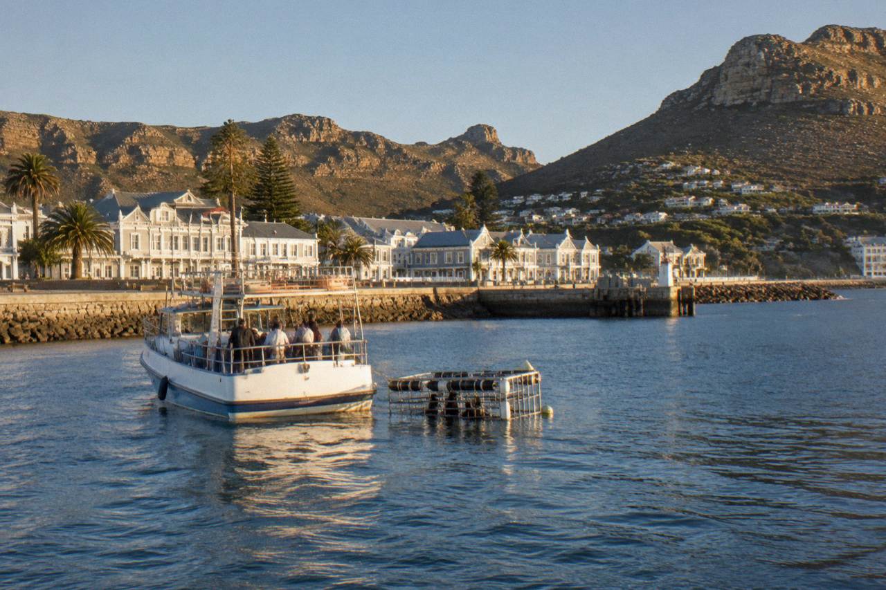 A shark cage floating beside a boat in the calm blue water of False Bay near Simon's Town