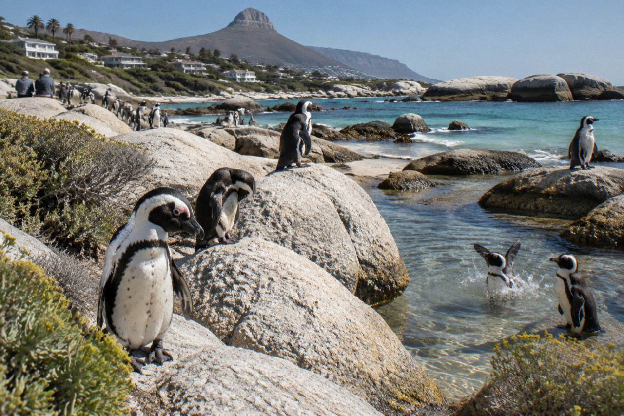 African penguins standing on granite boulders at Boulders Beach, Simon's Town