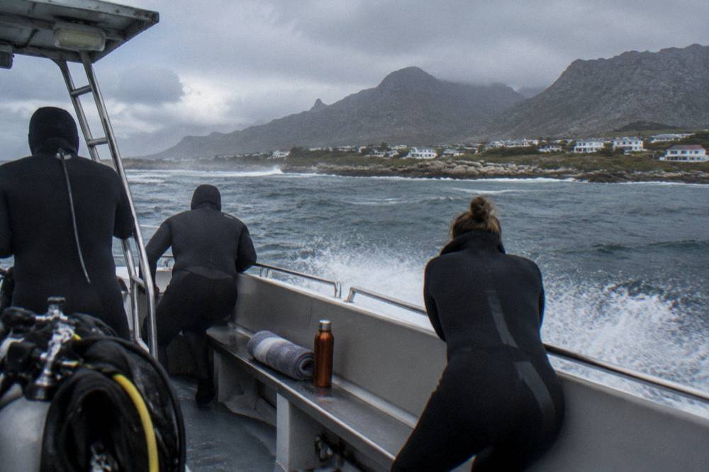 Passengers in wetsuits on the deck of a shark diving boat in choppy seas