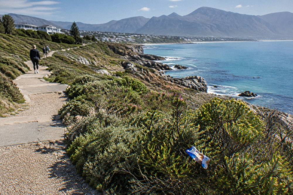 Grass-topped cliff path along a bay with calm water and distant mountains