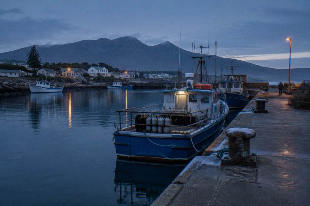 Small harbour with moored dive boats and calm water at dawn