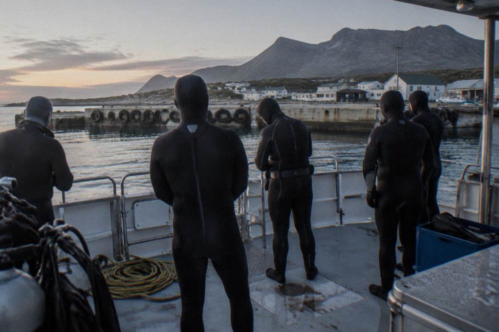 A group of divers in wetsuits listening to a safety briefing on the deck of a shark cage diving boat