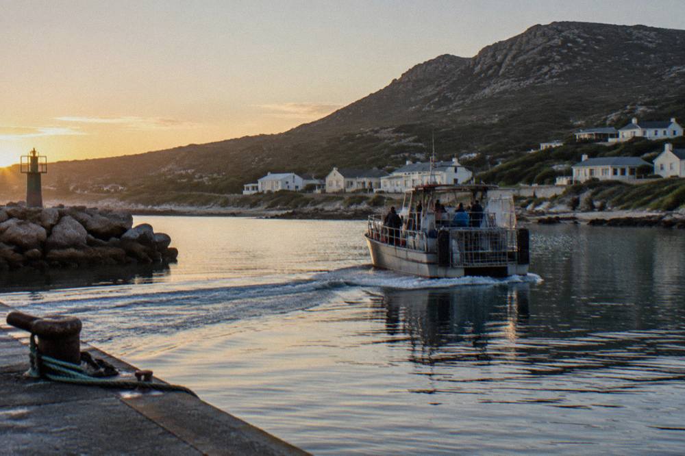 A shark cage diving boat leaving a small harbour at first light
