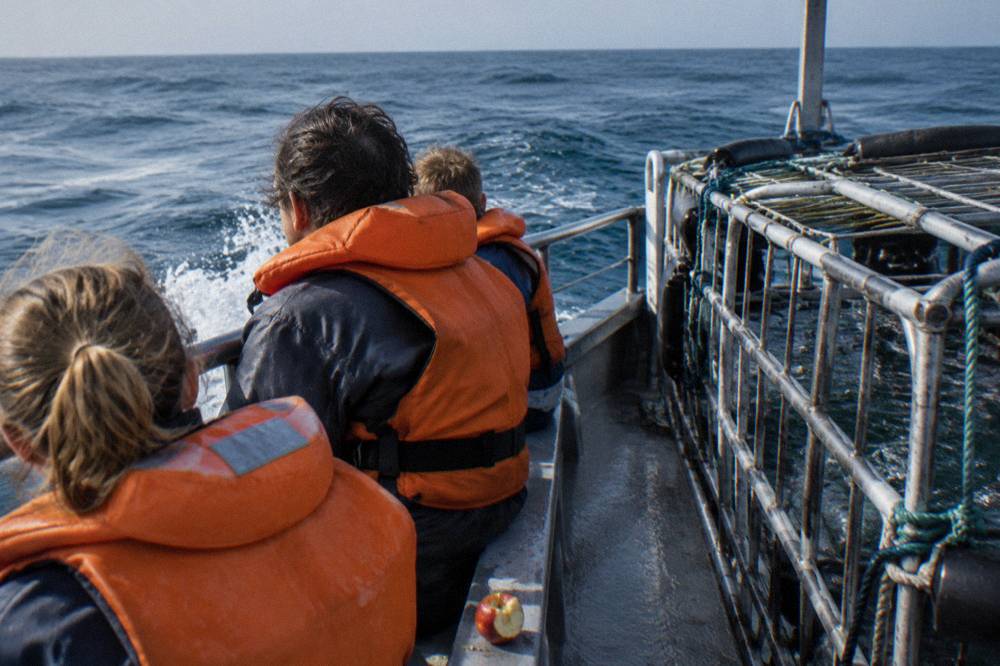 A family in life jackets sitting along the rail of a shark diving boat in open water