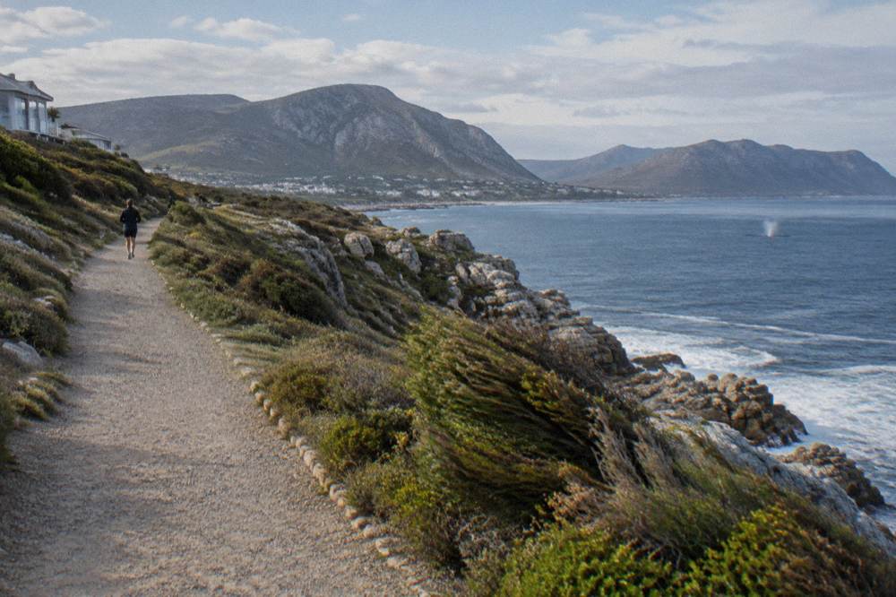 Coastal walking path along a low cliff above a wide bay