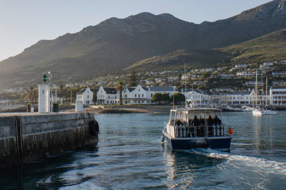 A dive boat leaving Simon's Town harbour with the mountains of the Cape Peninsula behind it
