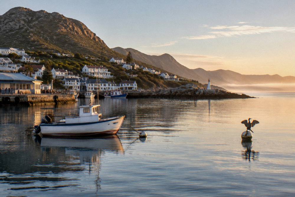 A calm morning sea off the False Bay coast with a small boat at anchor