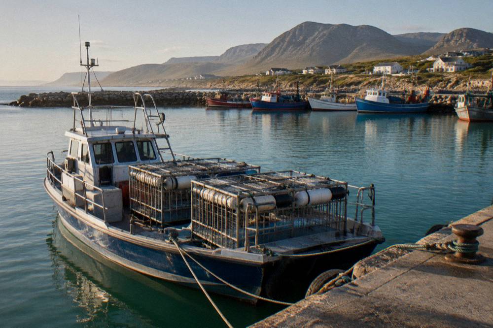 A dive boat moored at a small harbour with cages secured on deck