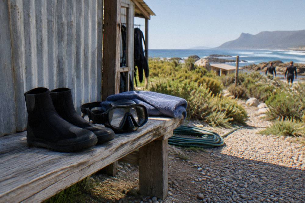 Neoprene booties and a dive mask arranged on a bench beside a folded towel