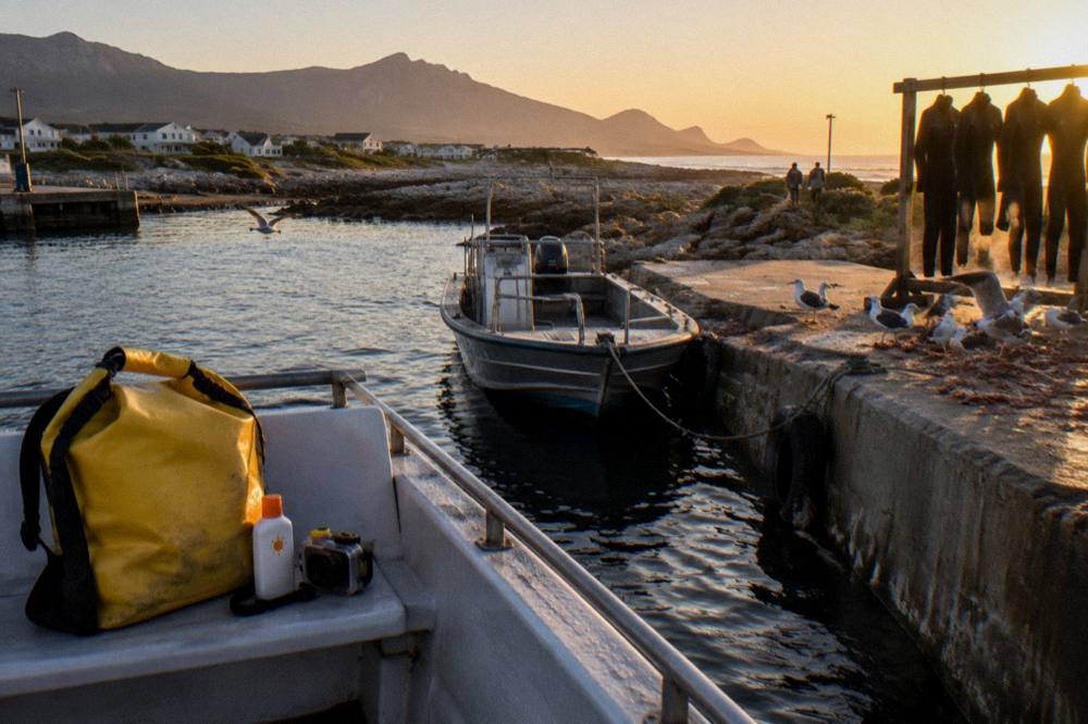 A dry bag and sunscreen packed beside a camera on a boat bench